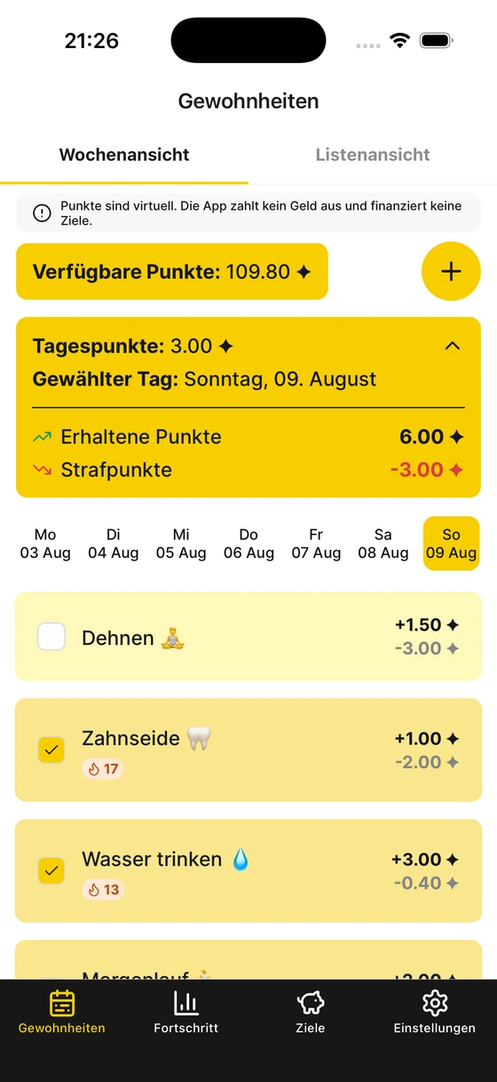 Screenshot: Gewohnheiten verwalten
