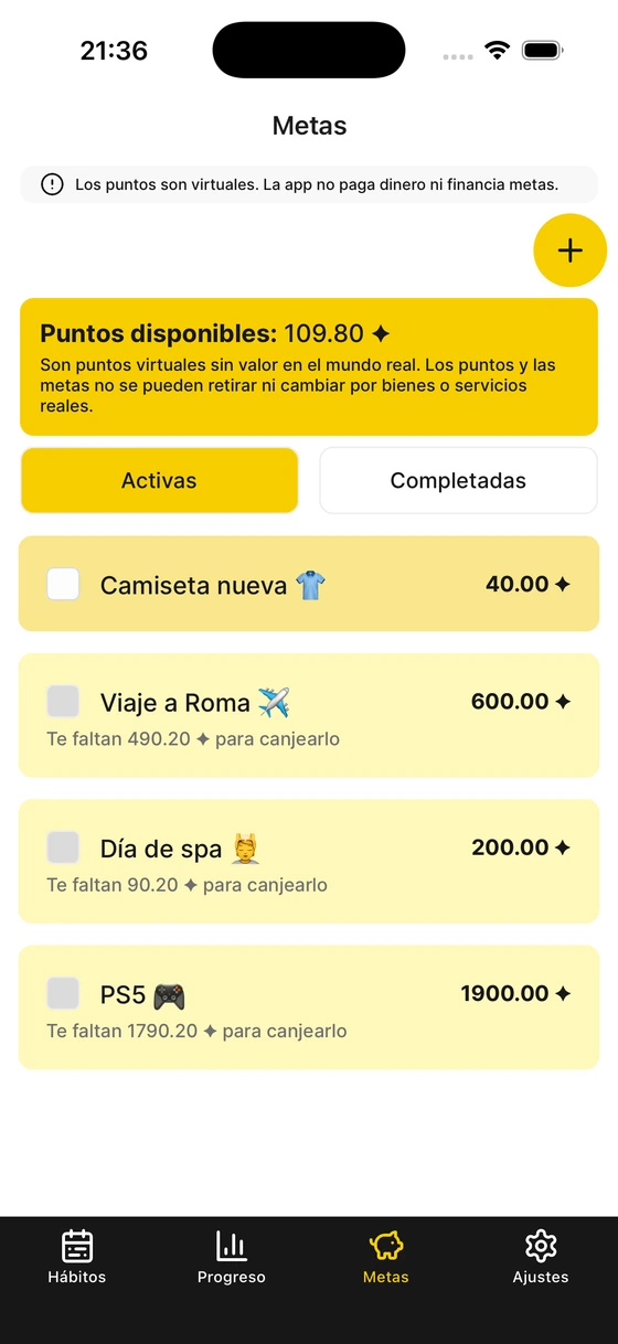 Captura de pantalla: Crea objetivos personales