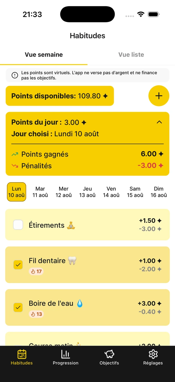 Capture d'écran : Gère tes habitudes