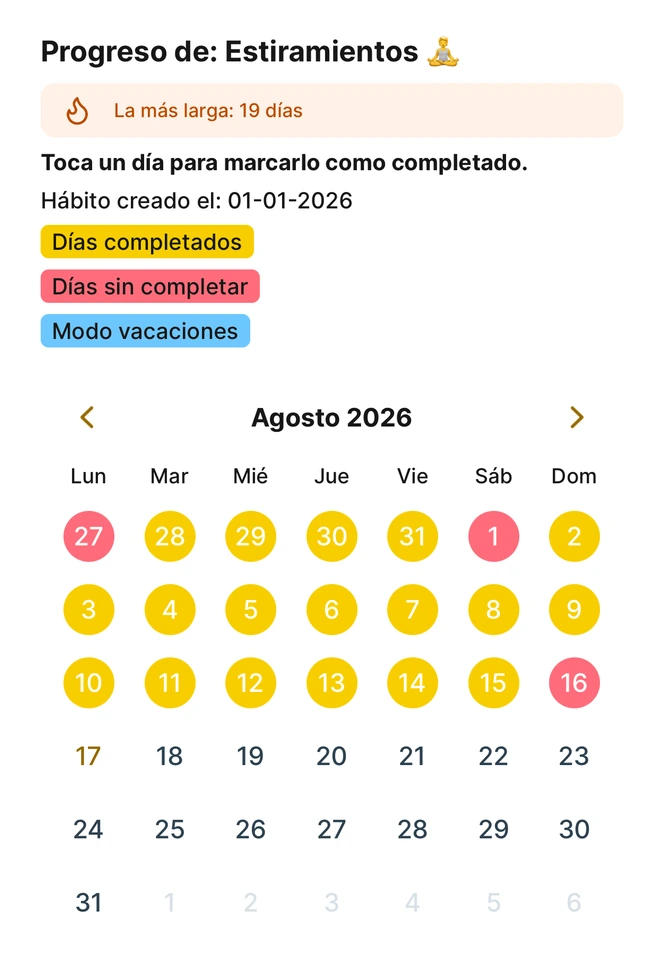Interfaz de calendario de Habit Bank