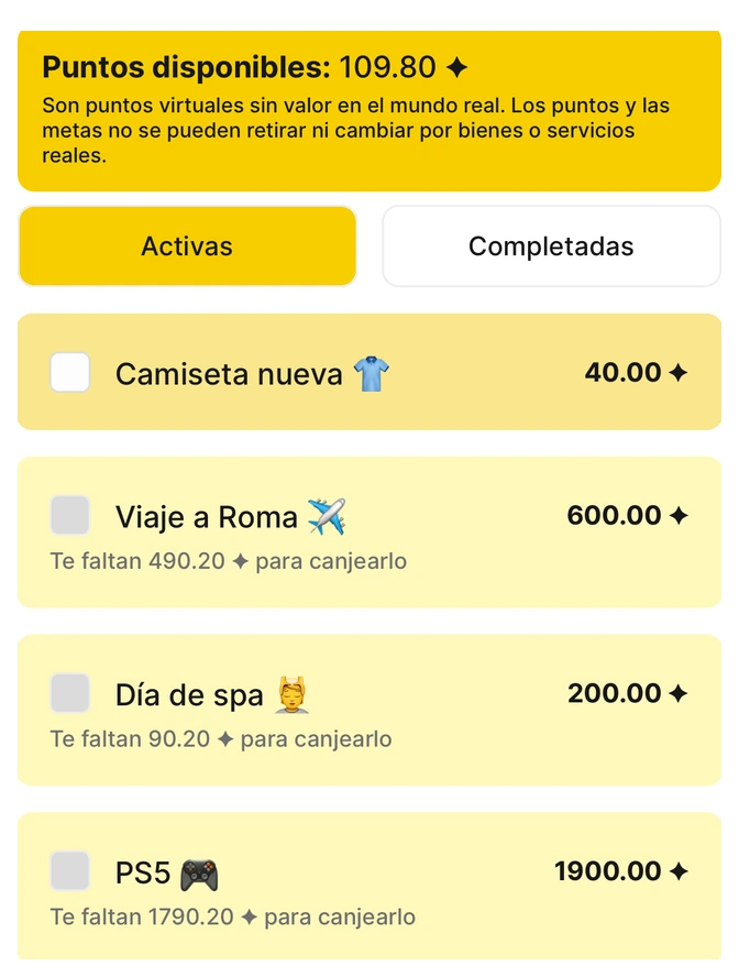 Pantalla de objetivos personales de Habit Bank