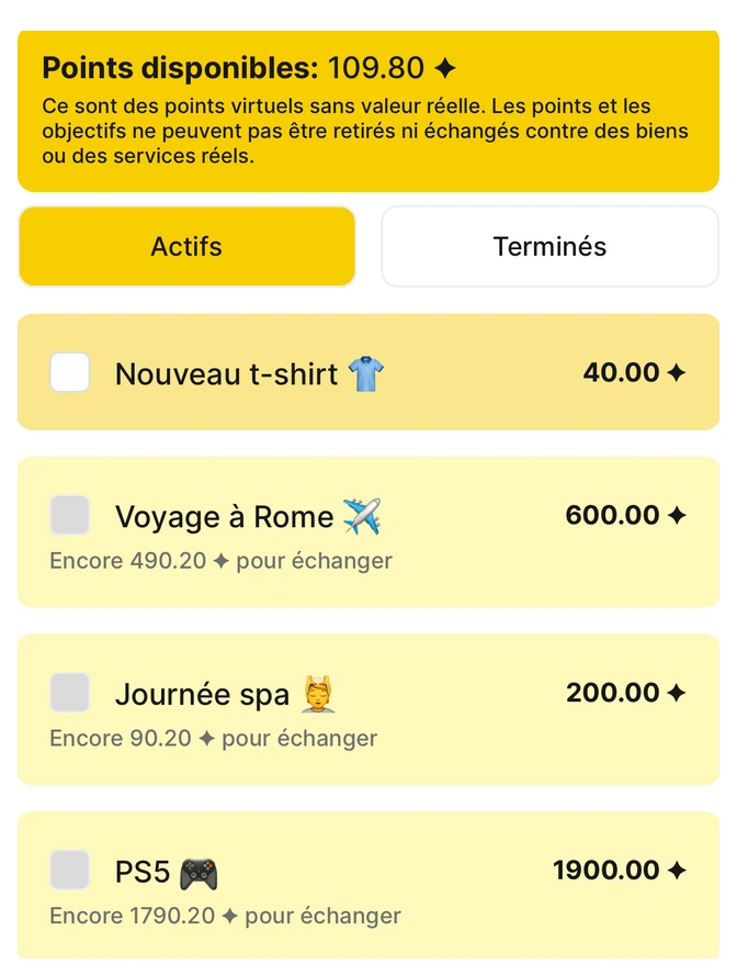 Écran des objectifs personnels de Habit Bank