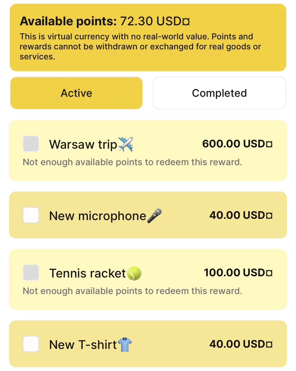 Habit Bank personal goals screen